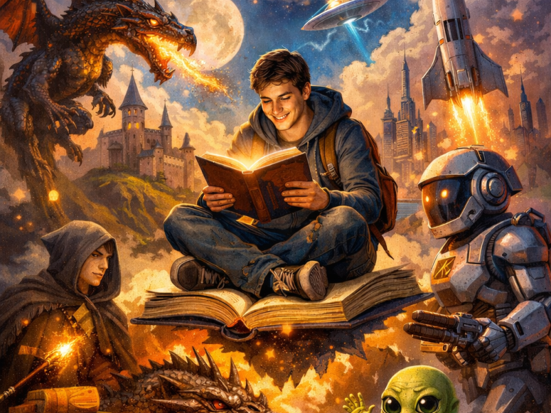 Mand læser i et univers med fantasy og rumvæsner