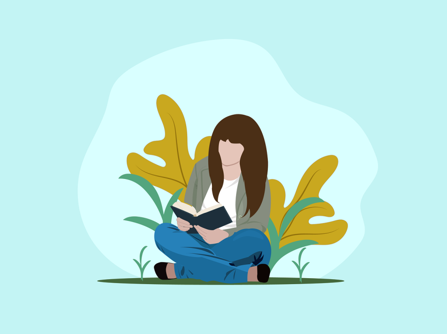 Tegning af ung kvinde som sidder og læser.